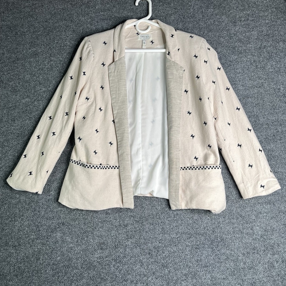 Harlyn‎ Open Front Blazer Jacket Women L Embroidered Print Rayon Linen Blend